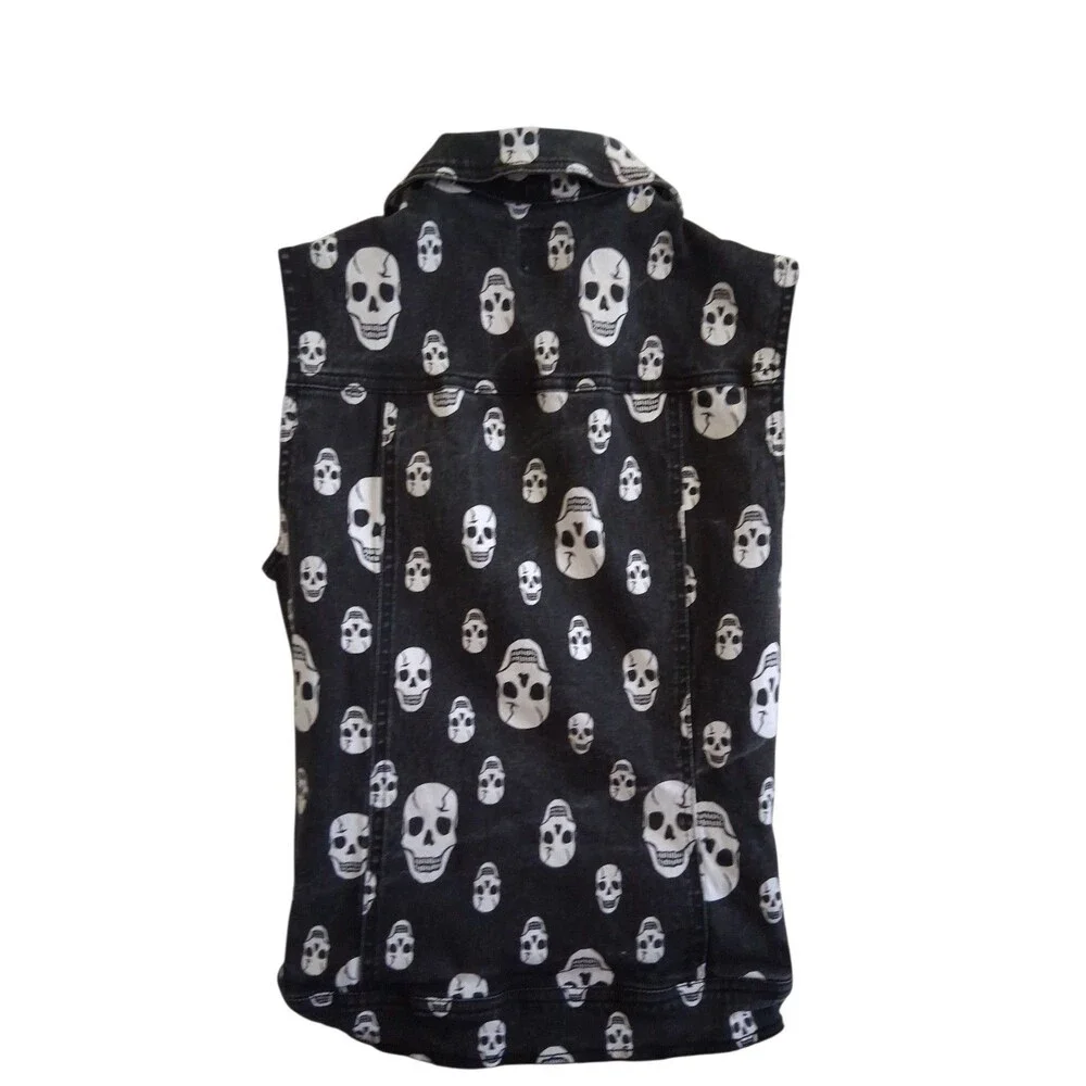 Y2K Tripp NYC Black White Skull Print Jean Vest Size L Gothic Grunge Punk - Picture 6 of 6